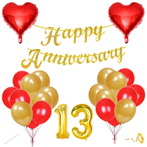 Image of Flyloons 13th Happy Anniversary Decoration Items Red Gold for Men Women Husband Wife Mom Dad Parent Couple Home Bedroom Car With 20 Pcs Metallic Balloons Anniversary Banner 2 Pcs Heart Set Kit