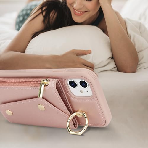 Lipvina for iPhone 11 Case with Card Holder and Strap - Zipper Pocket,Crossbody Lanyard Strap,Credit Card Holder,Stand Ring,Cute Phone Wallet Case for Women(Rose Gold,6.1 Inch) by Lipvina - Image 5