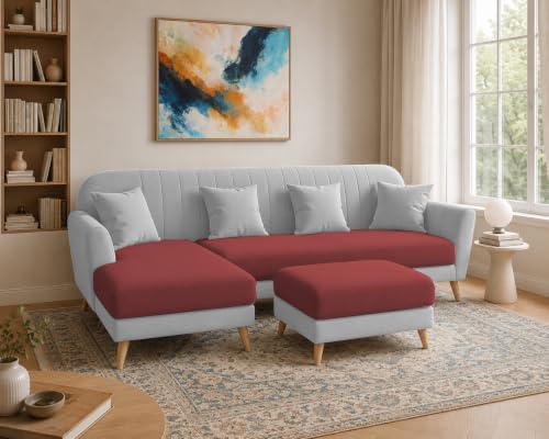 Image of Atticus LHS 6 Seater L Shape Sofa Set with Ottoman Living Room (Maroon Grey Colour Fabric) Premium Fabric Sofa Set for Living Room