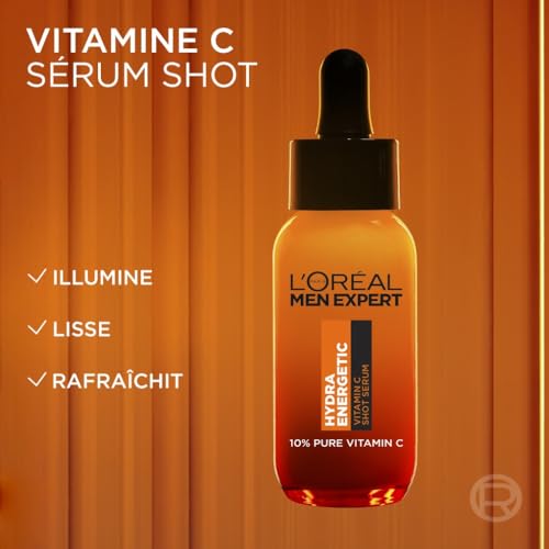 L'Oréal Men Expert - Sérum Shot Vitamine C pour Homme - Hydrate & Illumine - Concentré en Vitamine C Pure 10% - Usage Quotidien - Hydra Energetic - 30 ml