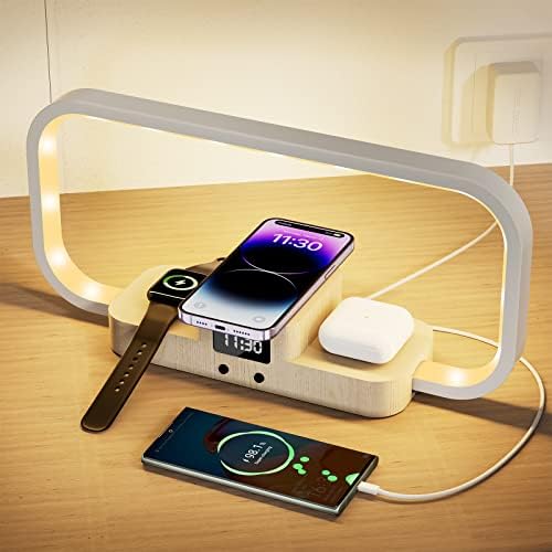 Liels Bedside Lamp with Wireless Charger, Stepless Dimming&5 Color Mode Touch Control Table Lamp with Clock,Nightstand Lamp with Charging Station for iPhone Series/AirPods/iWatch(Adapter Included)