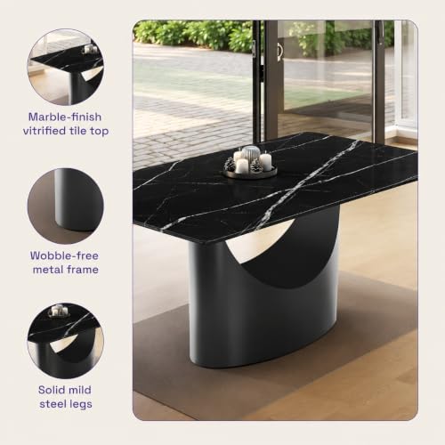 Image of Wakefit Taco Dining Table - Colonial Black - 6 Seater I Marble Finish I Vitrified Tile Top I Colonial Black