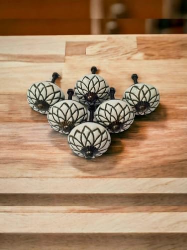 Image of Vintage Ceramic Knobs for Kids and Kitchen Cupboards, Drawers, Wardrobes, PC Cabinets, Almirahs, Dressers, Decorative Pull Handles for Dressing Table and Home Decor - Set of 6 Antique Round