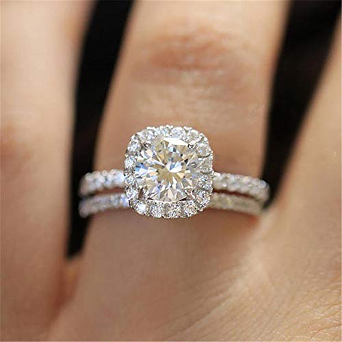 Tripmark 18K White Gold Plated Cubic Zirconia Promise Halo Engagement Promise Eternity Ring Sets for Women (6)