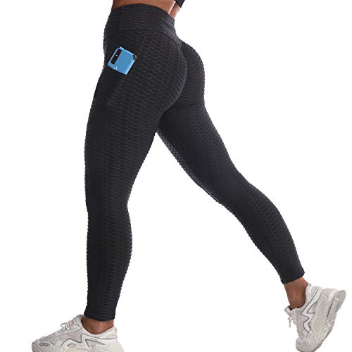 Women Scrunch Butt Leggings Textured Anti Cellulite Leggings with Pockets Sexy Booty Lift Yoga Pants (L) Black