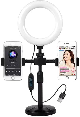 LED Ring Light with Stand and Dual Phone Holder, 3 Colour Temperatures, 10 Brightness Levels, 16cm