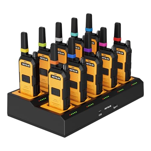 Image of Retevis RB48A Jobsite Heavy Duty 2 Way Radios Long Range, IP67 Waterproof Noise Reduction Walkie Talkies for Adults, Oversized Front PTT, Antenna ID Rings, 23-Hour Battery (10 Pack with Gang Charger)