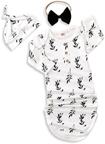 Kislio Newborn Baby Girls Boy Knotted Gown Floral Nightgown Sleeper Gown Swaddle Headband Hat Coming Home Outfit Set(Green, 0-6 Months)