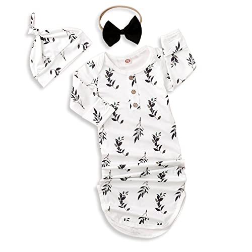 Image of Kislio Newborn Baby Girls Boy Knotted Gown Floral Nightgown Sleeper Gown Swaddle Headband Hat Coming Home Outfit Set(Green, 0-6 Months)