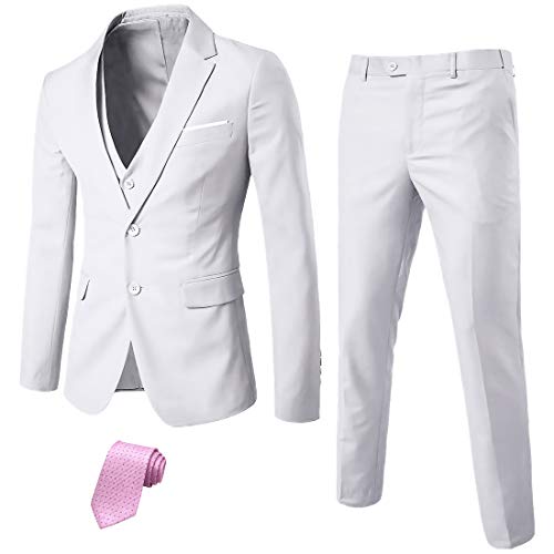 Ynd Men's Slim Fit 2 Button 3 Piece Suit Set, Blazer Jacket Vest Pants And Tie, Solid Wedding Dress Tux And Trousers White #TOP6