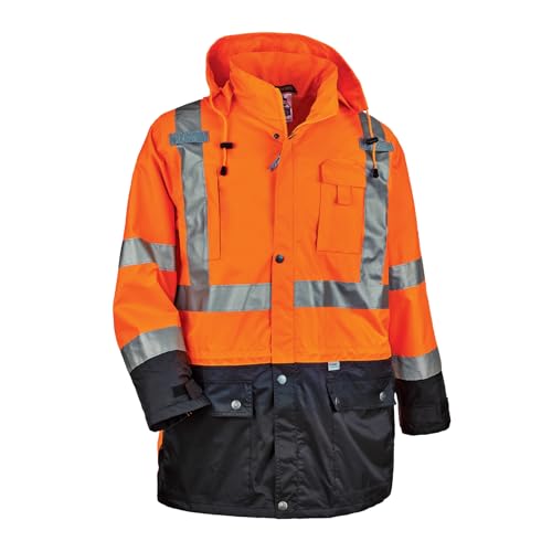 Ergodyne GloWear 8386 High Visibility Reflective Outer Rain Shell Jacket, Large, Orange