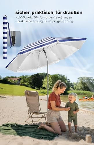 4smile Sonnenschirm Strand SunnyJoy, Blau-Weiß - UPF 50+ Strandschirm Ø 180 cm, sicherer Sonnenschutz Strand, Strandschirm windfest stabil - Sonnenschirm mit Schutzhülle 2