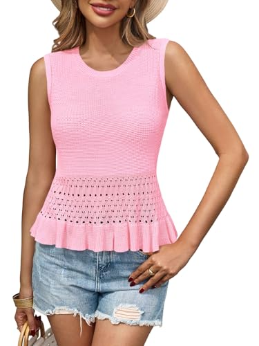 Image of Saodimallsu Womens Crochet Tank Top Sweater Vest | Sleeveless,Crew Neck,Pullover Top, Ruffle,Boho,Knit,Beach Vacation Outfits