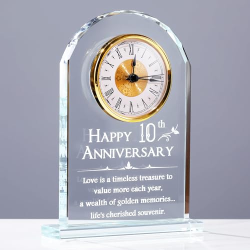 Movdyka Reloj de escritorio de cristal para 10 aniversario, regalo de boda para parejas casadas, 10 años de matrimonio, adornos para el hogar, recuerdo de aniversario para esposa y padres