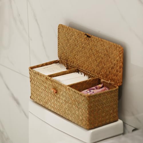 DECRAFTS Seegras Aufbewahrung Korb mit Deckel Natürliches Gewebt Geflochtener Rechteckig Regalkörbe mit Abschnitten zum Organisieren von Snackspielzeug - 7