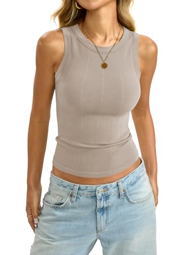 Image of EasyGala Womens Ribbed Seamless Tank Knit Crew Neck Shirt Summer Fitted Sleeveless Top Casual Basic High Neck Clothes