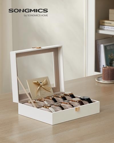 Image of SONGMICS Watch Box, 10-Slot Watch Case Organizer with Large Glass Lid, Removable Pillows, Gift for Loved Ones, Cloud White Synthetic Leather, Cappuccino Beige Lining UJWB010W01