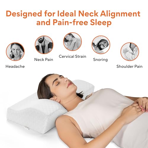 Image of FOVERA Memory Foam Cervical Pillow for Neck Pain | Orthopedic Contour Neck Support Pillow for Sleeping, for Neck and Shoulder Pain, Dual Height (White Jacquard Cover, Pack of 1)