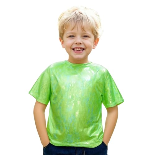 Chemise de danse métallique 2026 pour garçons avec paillettes sur toute la longueur, imprimé réfléchissant, coupe ample, haut à manches courtes pour enfants, adolescents, spectacle, streetwear – vue 2