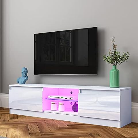 Senvoziii Modern TV Cabinet Led Light White High Gloss Front TV Stand Unit 160CM with 2 Doors 2 Glass Shelves TV Units for Living Room Bedroom Home Furniture Cover