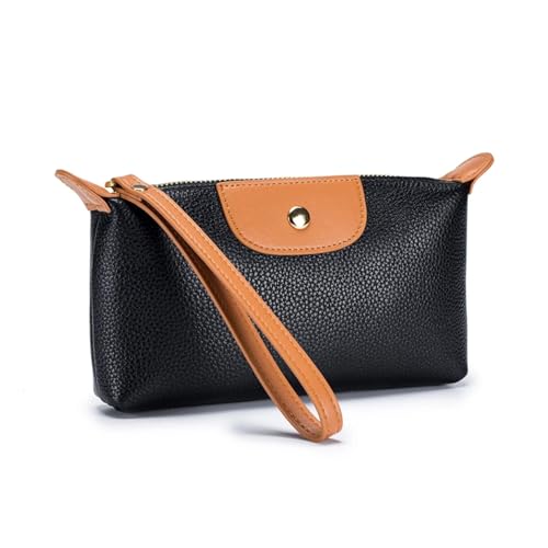 Women Genuine Real Leather Wristlet Wallet Clutch. 2 Zipped Pockets 3 Card Slots Purse (Black)