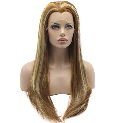 Lushy Straight Long 24inch Three Tone Blonde Mix Heat Friendly Heavy Density Synthetic Lace Front Wig