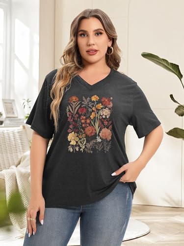 Plus Size T Shirt for Women Graphic Tees Short Sleeve Floral Print Loose Fit Summer Casual Tops 1XL-5XL2