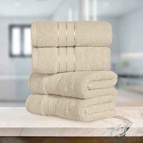 Image of Elegant Comfort Three Line Popcorn Towel Set for Bathroom 16 x 28 inches, Premium Hotel Quality 4-Pack Hand Towels, 100% Turkish Cotton, Soft and Durable, Quick Dry and Highly Absorbent, Ivory