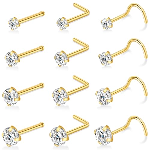 12 Pcs Gold/Silver Surgical Steel Nose Rings Studs Set for Women 20G Nose Piercing Stud Nose Studs Set Jewelry for Women Men Nose Piercings Jewelry Gift Piercing Jewelry 0.8mm