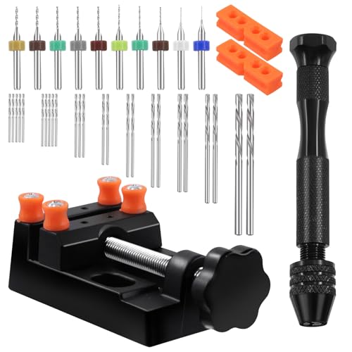 Swpeet El juego de 47 brocas manuales incluye mini tornillo de banco con abrazaderas, taladro de mano de tornillo de pin, taladros giratorios y mini taladros, juego de brocas de mano para carpintería