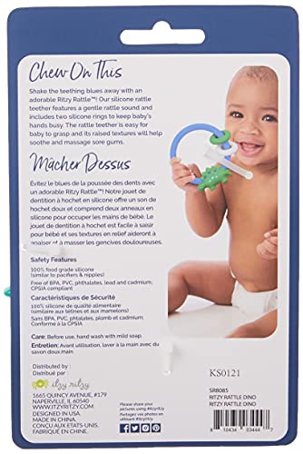Itzy Ritzy Silicone Teether With Rattle; Features Rattle Sound, Two Silicone Rings And Raised Texture To Soothe Gums; Ages 3 Months And Up; Dinosaur #TOP4