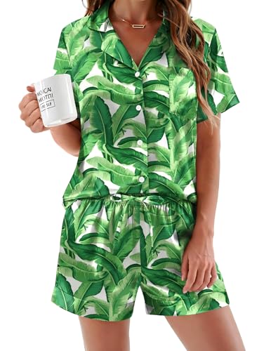 Image of Ekouaer Silk Pajamas for Women Button Down Sleepwear 2 Piece Pjs Shorts Set | Classic Short Sleeve Notch Neck Lounge Set with Pockets,Soft Cute Pj Set,Bridal Gifts,Pajama Party,Maternity Outfits