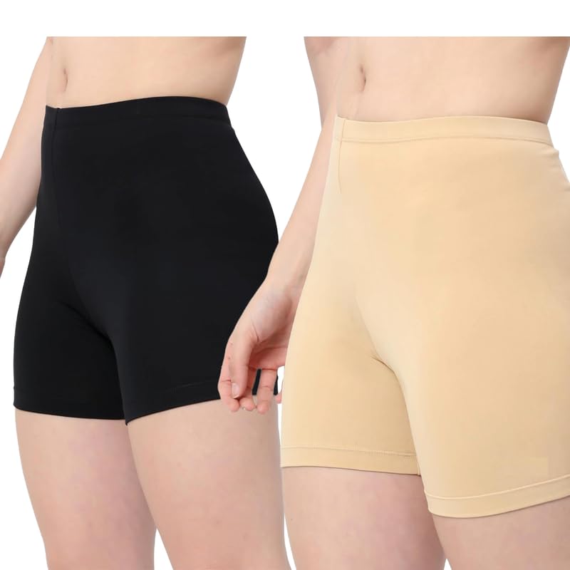 Women High Waist Tummy Control Shapewear Cycling Shorts | Seamless Body Shaper Panties | Layering Shorts for Under Dresses Skirts & Outfits (Pack of 2, Skin & Black,38)-image-28
