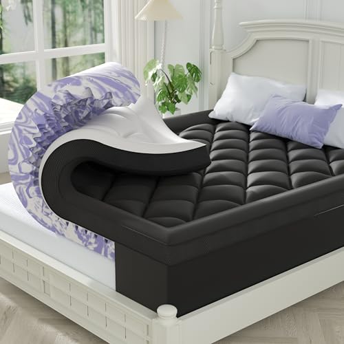Image of ChiXpace Dual Layer 4 Inch Memory Foam Mattress Topper King - 2 Inch Gel Memory Foam and 2 Inch Pillow Top Mattress Pad, 7-Zone Egg Crate King Size Mattress Topper (Black-White)