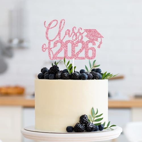 Glittery Class of 2026 Cake Topper, Congrats Grad, Congrats 2026, Congratulations 2026, High School/College Graduation Party Decorations for Girls Pink