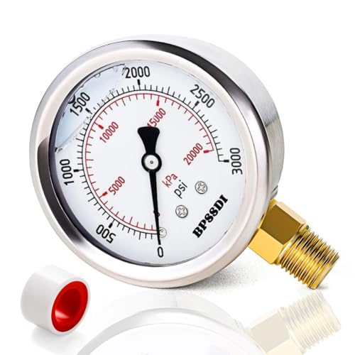 Image of 0-3000 Psi Glycerin Liquid Filled Hydraulic High Pressure Gauge, 2.5 inch Dial Size, 1 /4 inch NPT Lower Mount, 304 Stainless Steel Case, for Water Oil Air Gas Pressure Test