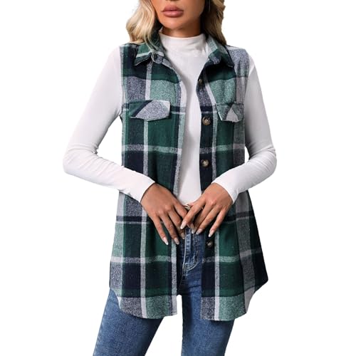 Trendy Plaid Vest for Women Casual Lapel Button Down Sleeveless Cardigan Fall Jacket Fashion Coat with Pockets - Main Image