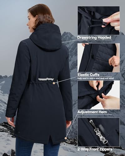 33,000ft Damen Wintermantel Lange Warme Winterjacke Parka Regenjacke Verdickene Funktionsjacke Mit Kapuze Übergangsjacke Outdoorjacke, Juwel Blau L