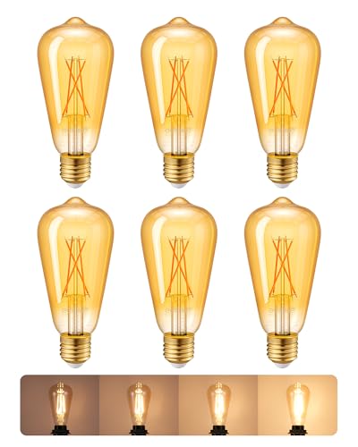 EDISHINE E27 Edison Screw Bulb Dimmable, LED ST64 Vintage Filament Bulb, 6.5W 2200K, Antique Style Retro Amber, Energy Saving for Floor/Table Lamp, Wall Sconces, 700LM, 6 Pack