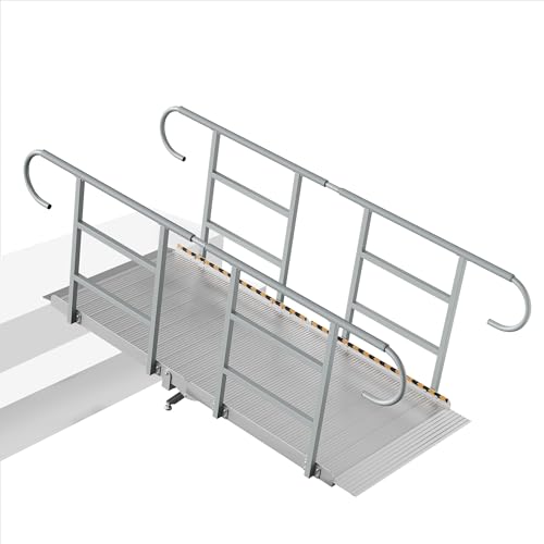 CAMMOO 7 FT Wheelchair Ramp with Handrails for Home Steps 1200LBS Capacity, Aluminum Alloy with Adjustable Legs, Triple Anti-Slip, Handicap Ramp for Home Steps, Entry Access, Wheel Chairs