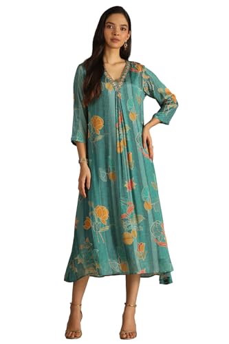 Robe en chinon luxueuse pour femme ornée de motifs floraux et broderie cutdana artisanale