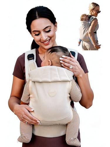 Grownsy Babytrage Ein-Klick-Schnalle für Einfaches Anlegen Bequemer Träger von Neugeborenem bis Kleinkind mit Kopfstütze (3-20kg 3-24Monate) Ergonomisch & Leicht (Cremeweiß)