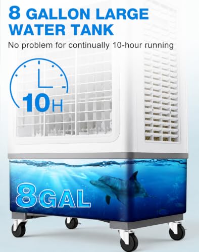 Image of Evaporative Air Cooler, 2100 CFM Windowless Air Conditioner Portable for Room, 3 Speed Swamp Cooler, 4 Ice Packs, 8 Gallon Cooling Fan & 4Scroll Casters, Evaporative Cooler for Garage Outdoor