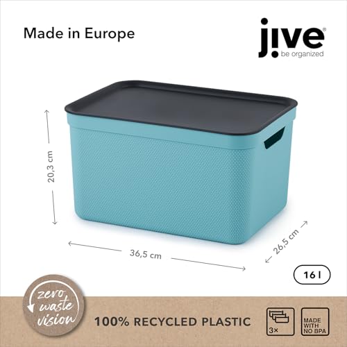 Jive Dekobox 3er- Set Aufbewahrungsbox 16l mit Deckel, Kunststoff (PP recycelt), türkis/anthrazit, 3x16l (37.5 x 27.8 x 29.8 cm)