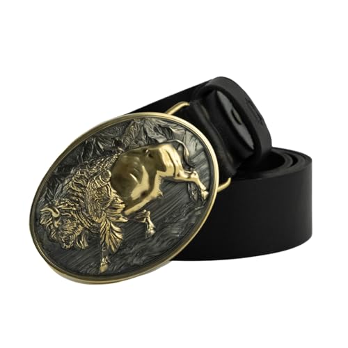 Leather Belt with Brass Buffalo Belt Buckle, Western American cowboy style belt, Wild West heritage bison large belt buckle heavy-duty belt2