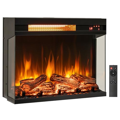 RELAX4LIFE 23’’ 3-Sided Glass Electric Fireplace - 1500W Fireplace Heater w/8 Flame, Adjustable Brightness, 9H Timer, Remote Control, Overheat Protection, Recessed Electric Fireplace Inserts (23-inch)