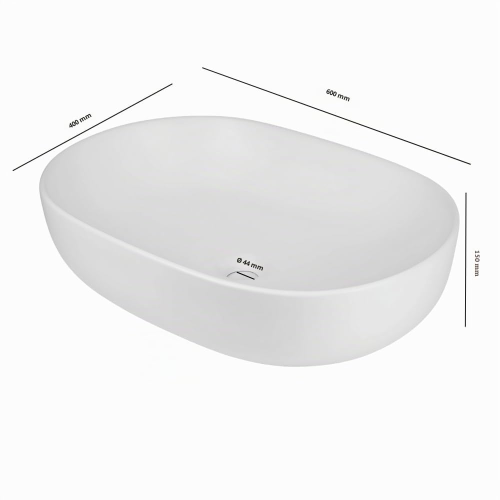 Lavabo Da Appoggio Ceramica Bianco Ovale Arredo Bagno Lavandino 60x40x15 Cm Con Foro Scarico Centrale (Opaco)