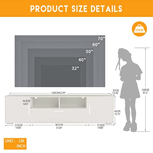 Extougend Modern White Led Tv Stand With Storage And Entertainment Center For 50 55 60 65 70 75 Inch Tvs, High Gloss Wooden Tv Cabinet With Glass Storage Rack For Living Room And Bedroom #TOP4