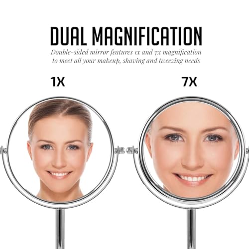 Image of OVENTE 6'' Tabletop Vanity Makeup Mirror, Polished Chrome MNLT60CH1X7X | Double Sided Round Magnifying Table Mirror with 1X /7X Magnification, 360 Rotation, Perfect for Dresser Bedroom Office Travel