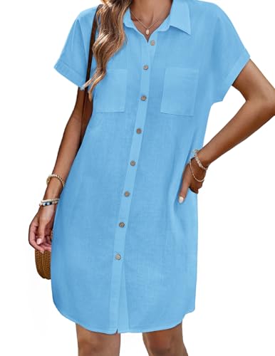 Image of Zeagoo Summer Dresses for Women 2025 Cotton Button Down Short Sleeve Tshirt Dresses Casual Mini Beach Dress